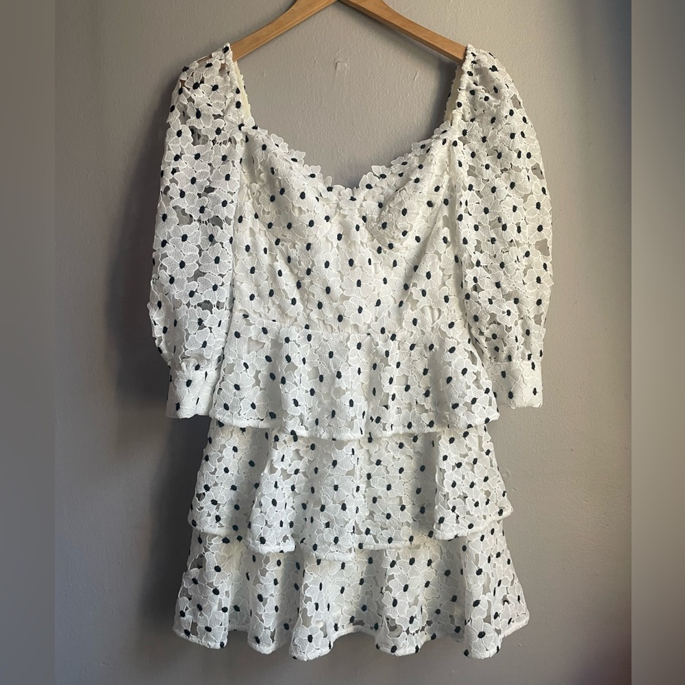 NWT Sau Lee Black White Polka Dot Mini Lace Dress 2 XS